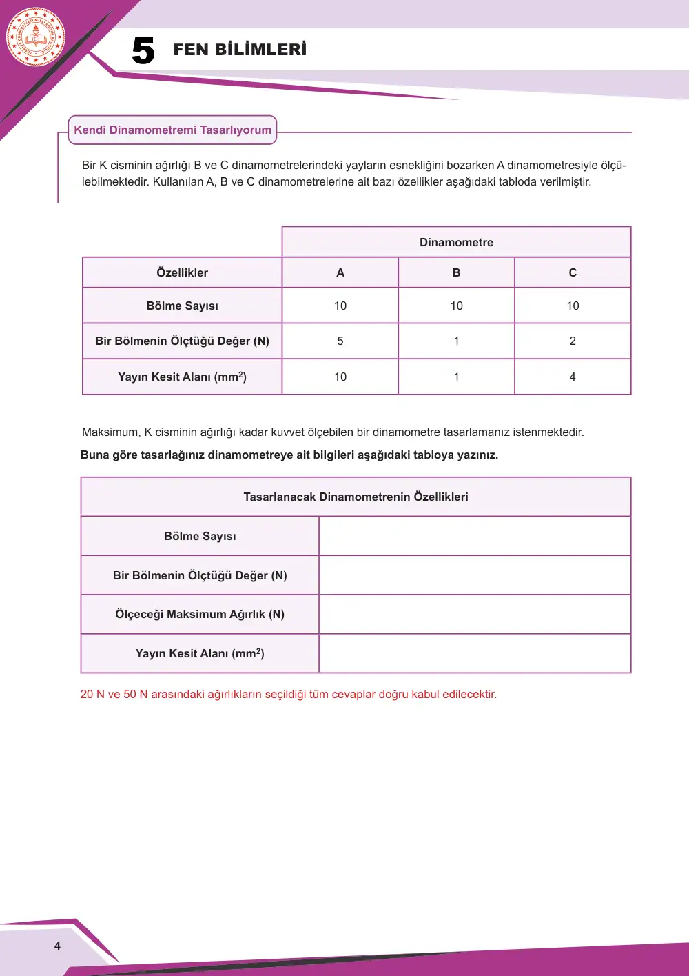5. Sınıf Fen Bilimleri Çalışma Kâğıdı: FB.5.2.1.2 Basit araç gereçler kullanarak bir dinamometre modeli tasarlayabilme cevap anahtarı sayfa 4