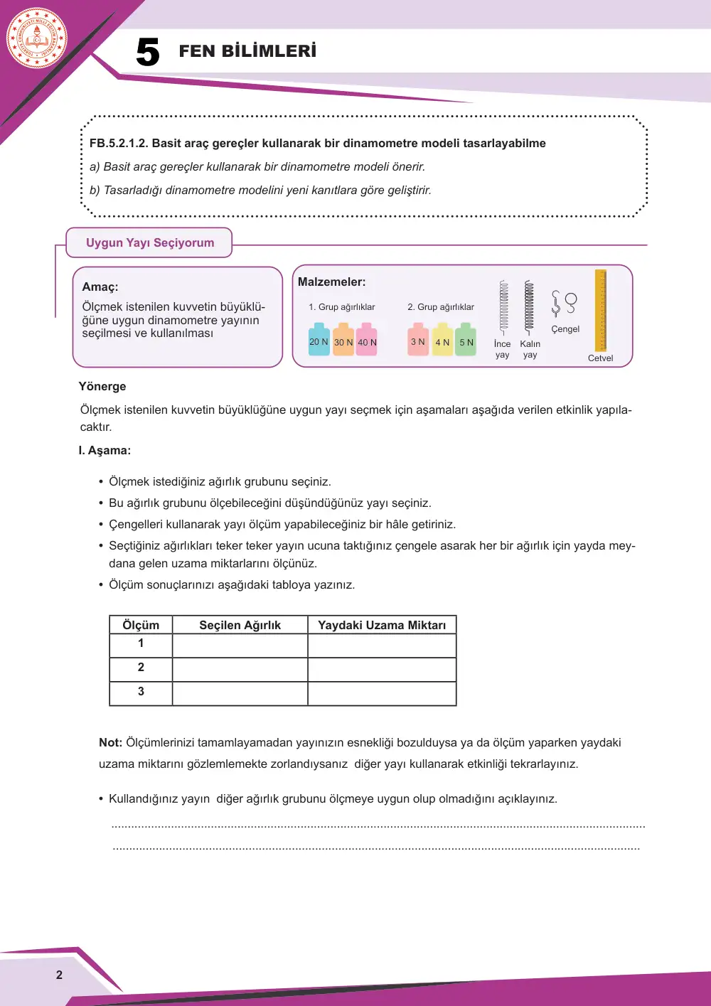 5. Sınıf Fen Bilimleri Çalışma Kâğıdı: FB.5.2.1.2 Basit araç gereçler kullanarak bir dinamometre modeli tasarlayabilme