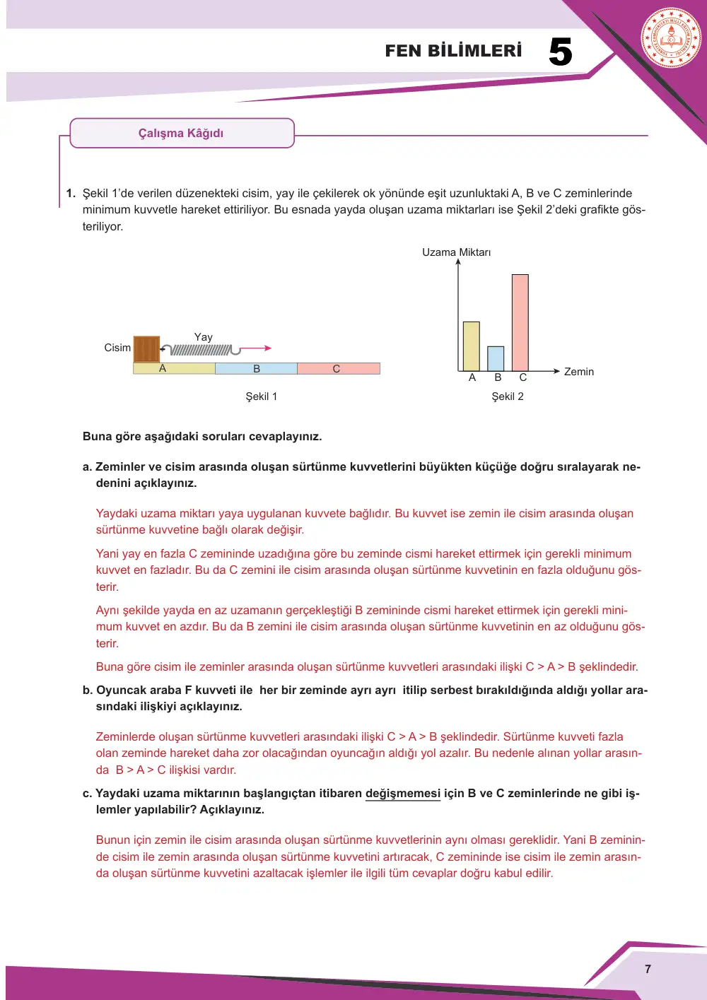 5. Sınıf Fen Bilimleri Çalışma Kâğıdı: FB.5.2.3.1 Sürtünme kuvvetinin çeşitli ortamlardaki etkilerine yönelik tümevarımsal akıl yürütebilme cevap anahtarı sayfa 7