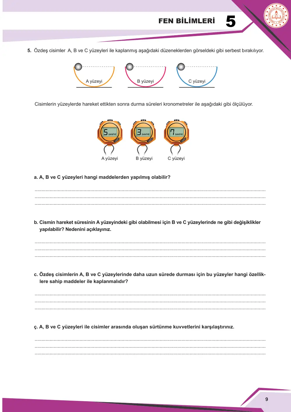 5. Sınıf Fen Bilimleri Çalışma Kâğıdı: FB.5.2.3.2 Günlük yaşamda sürtünmeyi artırma veya azaltmaya yönelik bilimsel bir model tasarlayabilme sayfa 9