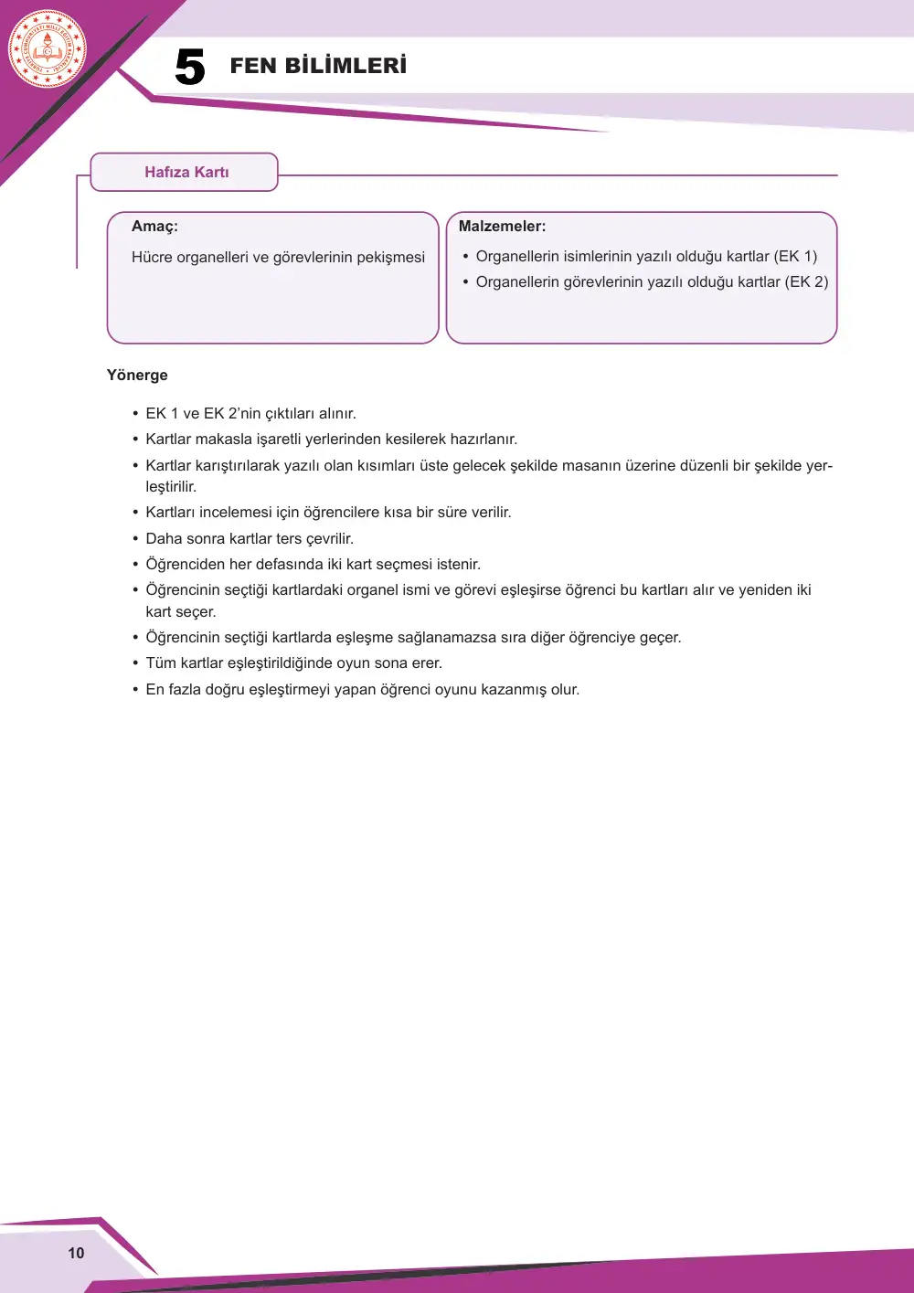 5. Sınıf Fen Bilimleri Çalışma Kâğıdı: FB.5.3.1.1 Bitki ve hayvan hücrelerini temel kısımları ve özellikleri açısından karşılaştırabilme cevap anahtarı sayfa 10