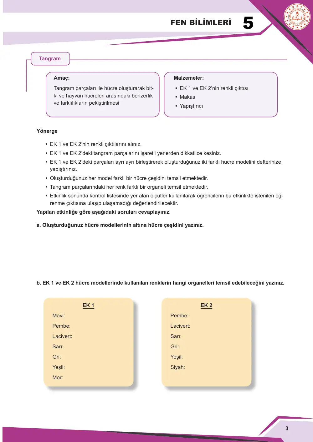 5. Sınıf Fen Bilimleri Çalışma Kâğıdı: FB.5.3.1.1 Bitki ve hayvan hücrelerini temel kısımları ve özellikleri açısından karşılaştırabilme sayfa 3