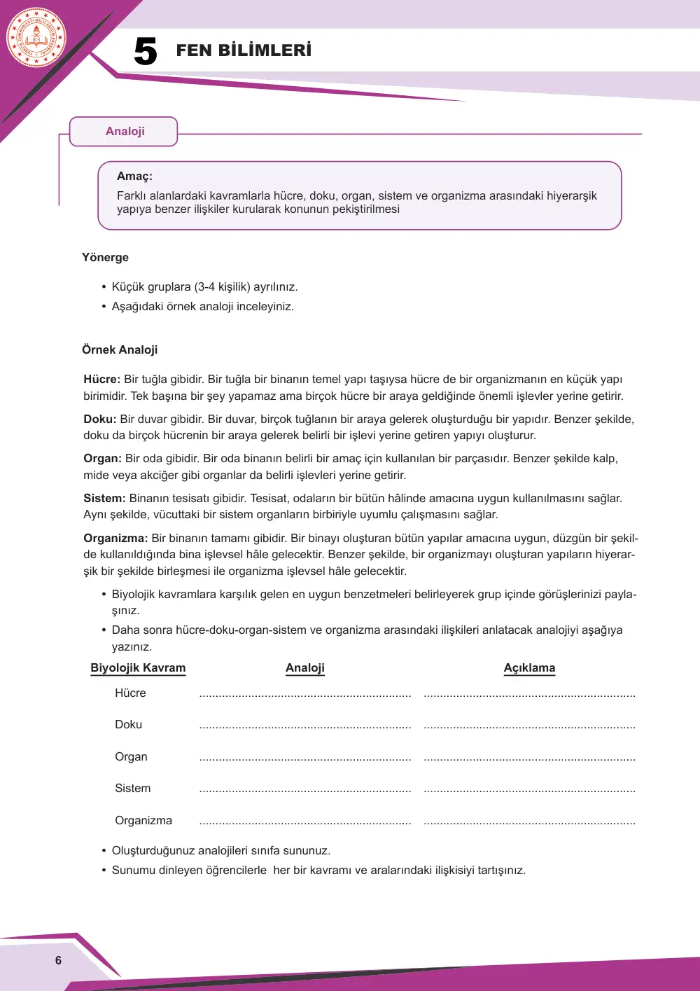 5. Sınıf Fen Bilimleri Çalışma Kâğıdı: FB.5.3.1.2 Hücre-doku-organ-sistem-organizma kavramlarını yapılandırabilme sayfa 6