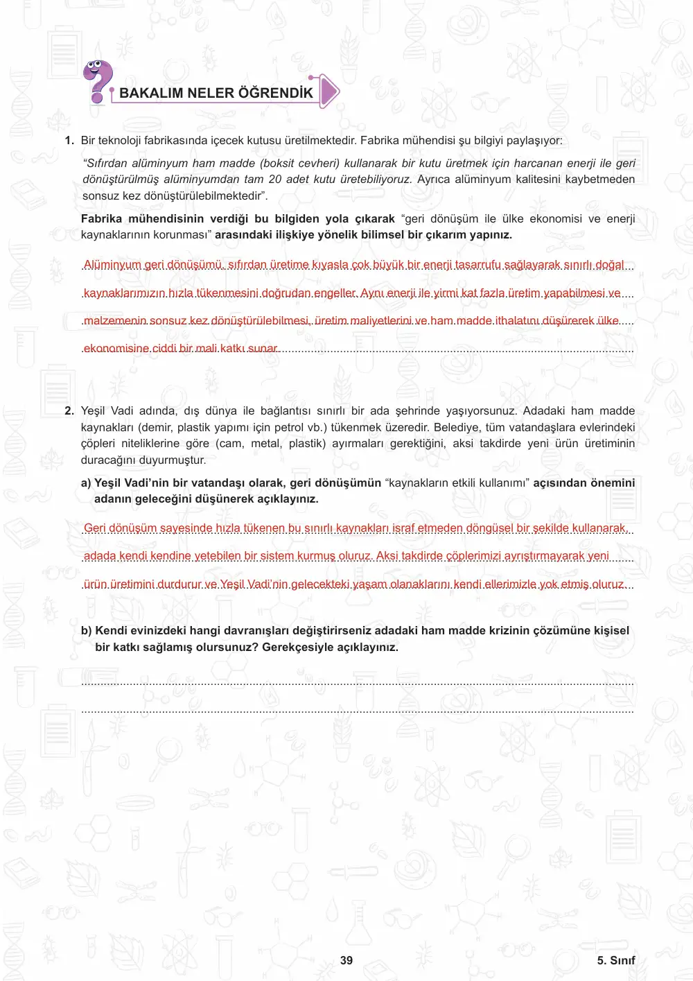 5. Sınıf Fen Bilimleri Öğrenme Etkinlikleri Seti 2 (2025-2026) cevap anahtarı sayfa 40