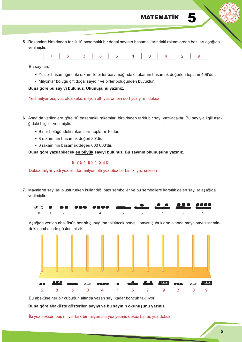 5. Sınıf Matematik Çalışma Kâğıdı: MAT.5.1.1 Altı basamaklı sayıları okuma ve yazmayı çok basamaklı sayılara genelleyebilme cevap anahtarı sayfa 5