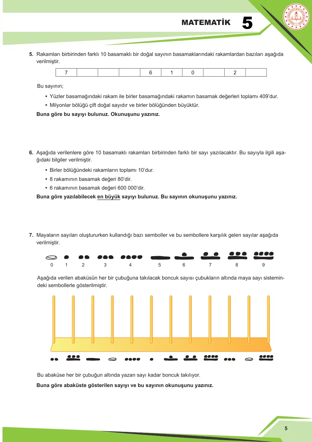 5. Sınıf Matematik Çalışma Kâğıdı: MAT.5.1.1 Altı basamaklı sayıları okuma ve yazmayı çok basamaklı sayılara genelleyebilme sayfa 5