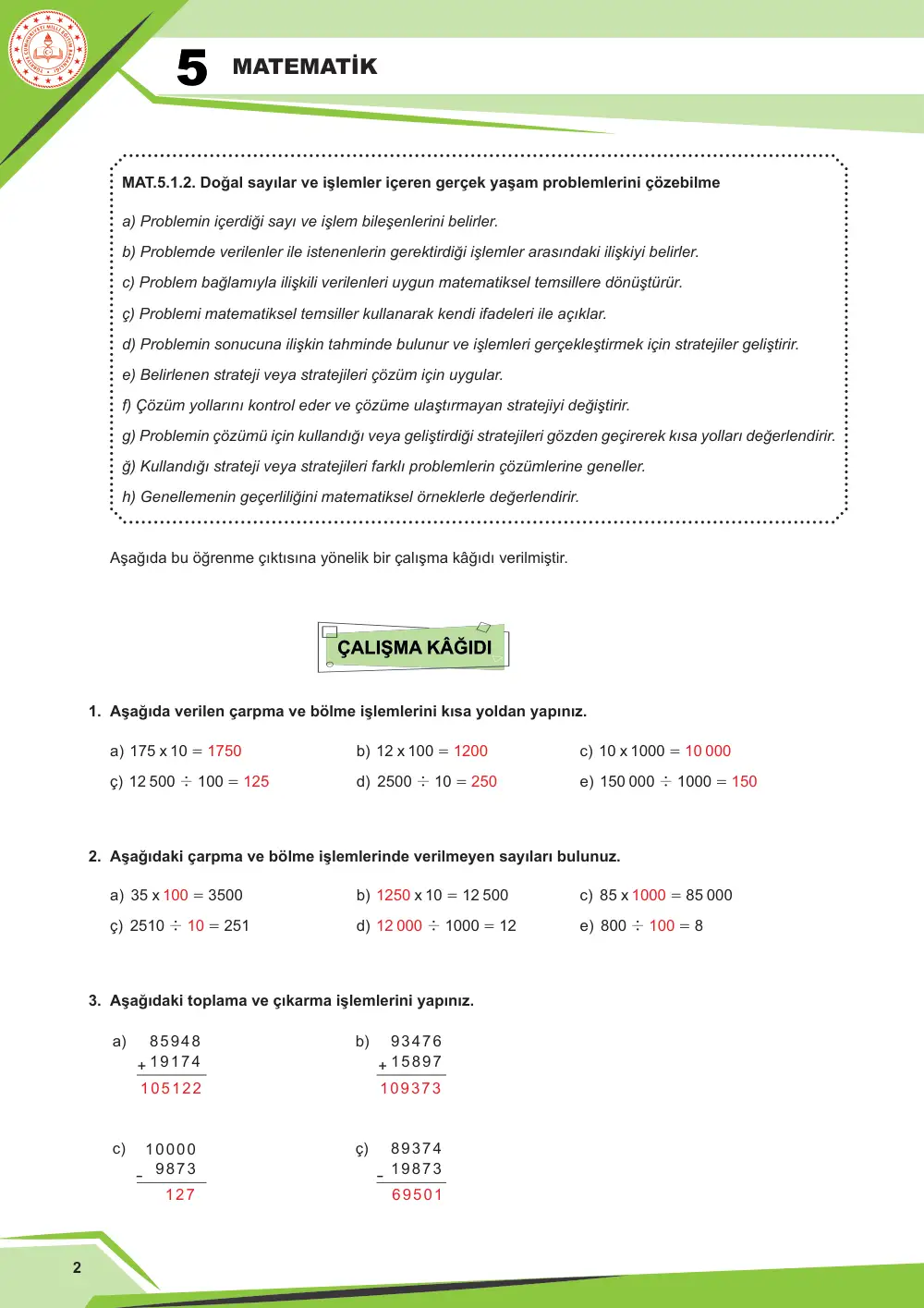 5. Sınıf Matematik Çalışma Kâğıdı: MAT.5.1.2 Doğal sayılar ve işlemler içeren gerçek yaşam problemlerini çözebilme cevap anahtarı sayfa 2