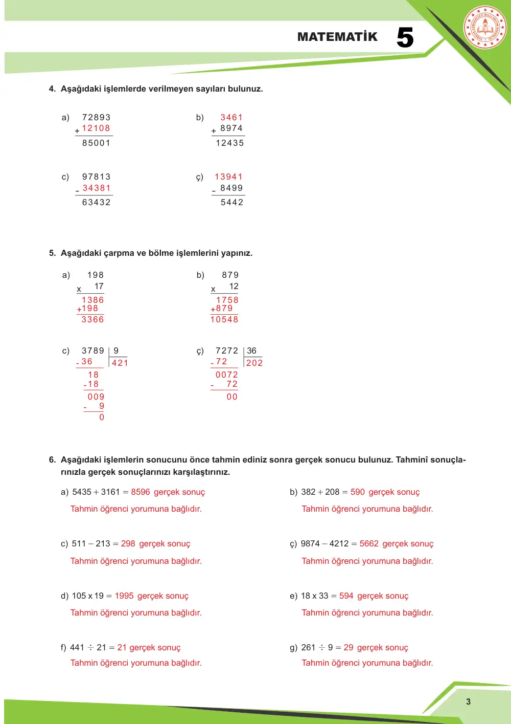 5. Sınıf Matematik Çalışma Kâğıdı: MAT.5.1.2 Doğal sayılar ve işlemler içeren gerçek yaşam problemlerini çözebilme cevap anahtarı sayfa 3