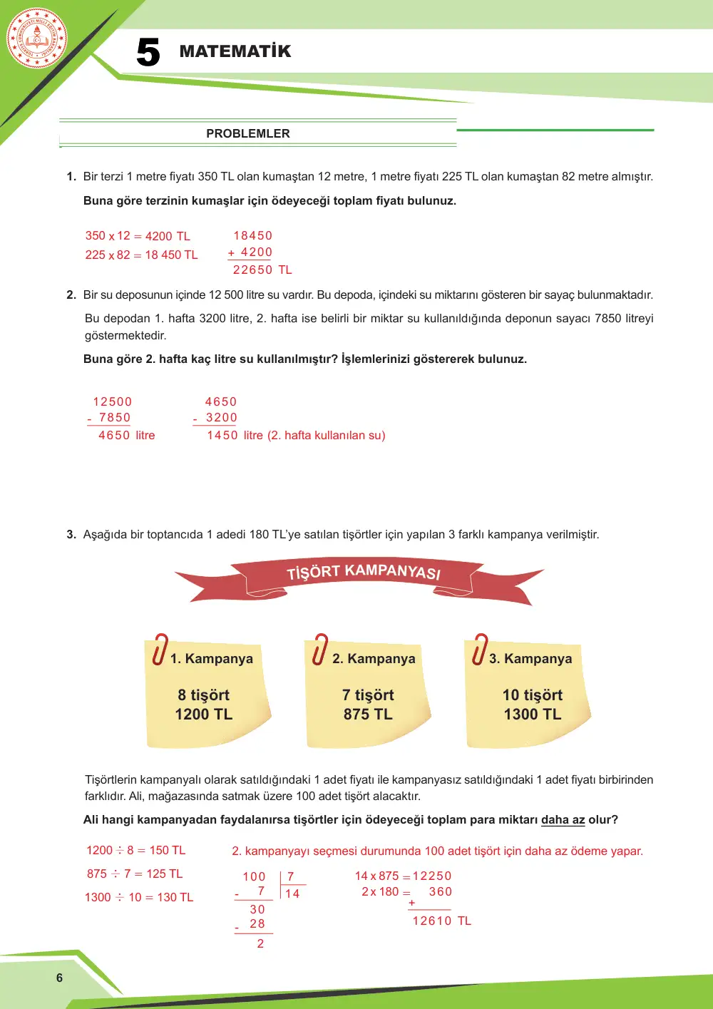 5. Sınıf Matematik Çalışma Kâğıdı: MAT.5.1.2 Doğal sayılar ve işlemler içeren gerçek yaşam problemlerini çözebilme cevap anahtarı sayfa 6