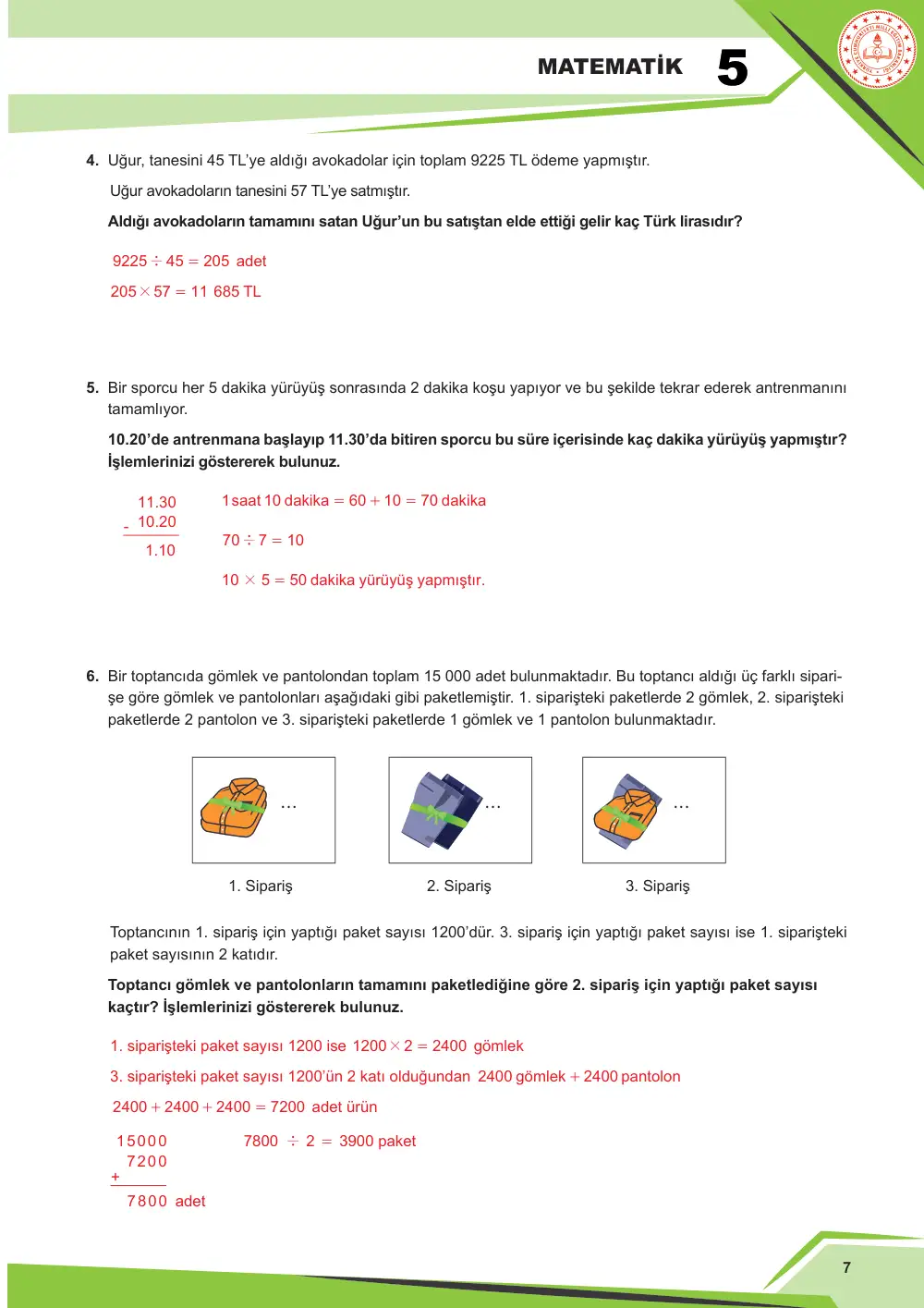 5. Sınıf Matematik Çalışma Kâğıdı: MAT.5.1.2 Doğal sayılar ve işlemler içeren gerçek yaşam problemlerini çözebilme cevap anahtarı sayfa 7