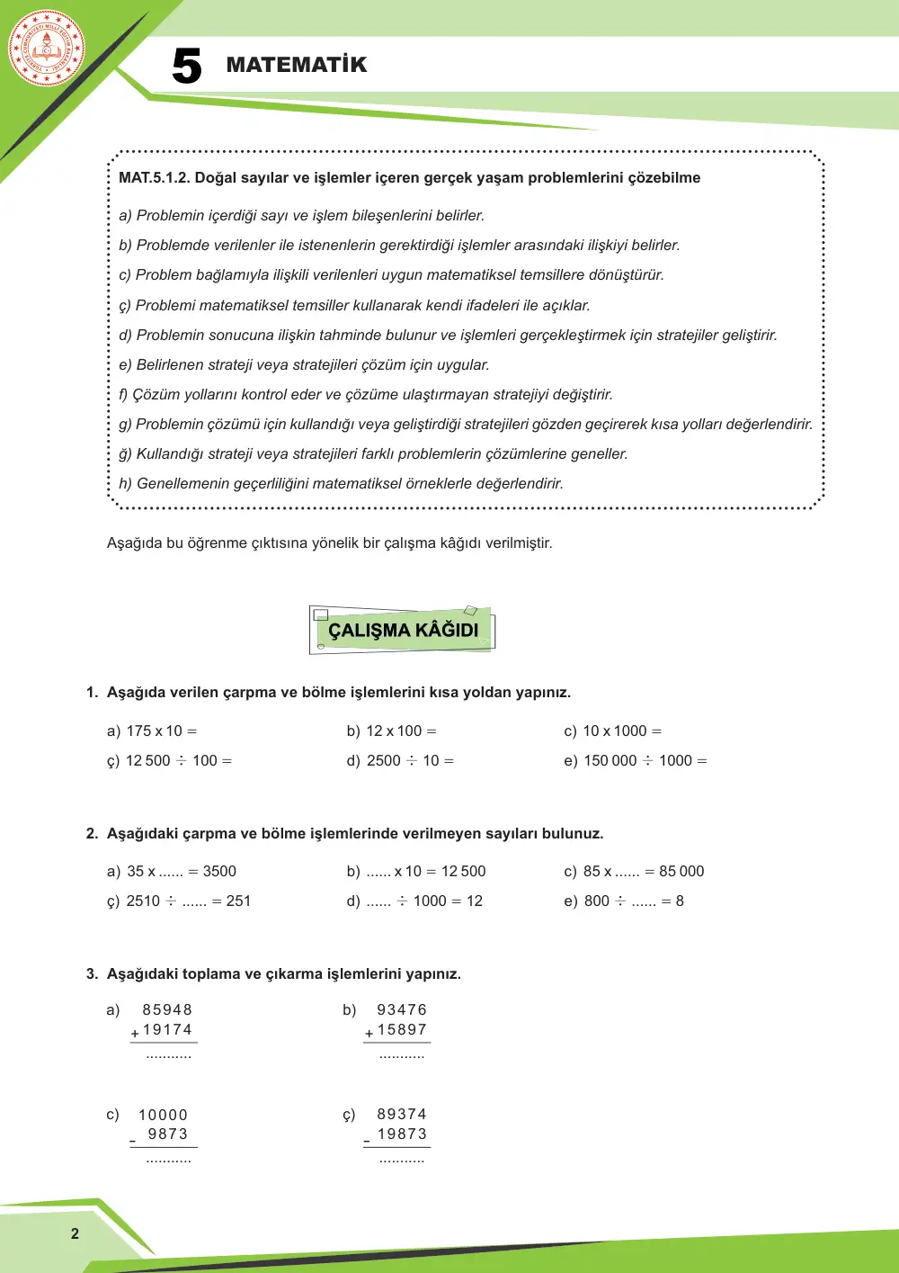 5. Sınıf Matematik Çalışma Kâğıdı: MAT.5.1.2 Doğal sayılar ve işlemler içeren gerçek yaşam problemlerini çözebilme