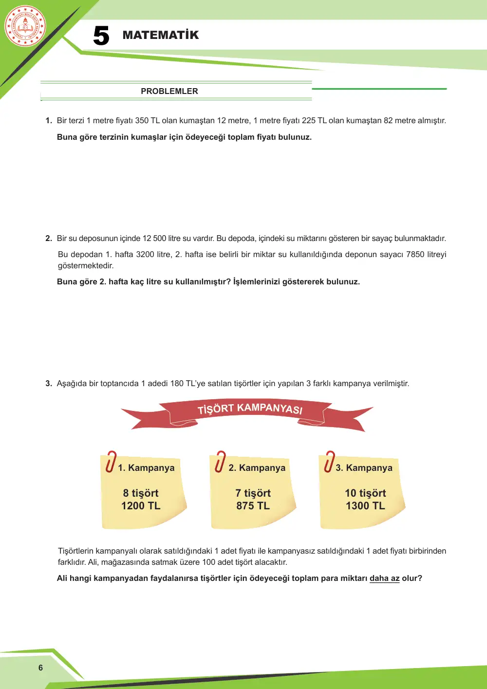 5. Sınıf Matematik Çalışma Kâğıdı: MAT.5.1.2 Doğal sayılar ve işlemler içeren gerçek yaşam problemlerini çözebilme sayfa 6