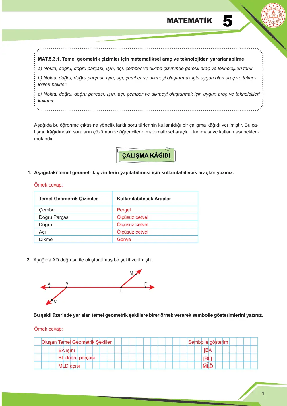 5. Sınıf Matematik Çalışma Kâğıdı: MAT.5.3.1 Temel geometrik çizimler için matematiksel araç ve teknolojiden yararlanabilme cevap anahtarı sayfa 2