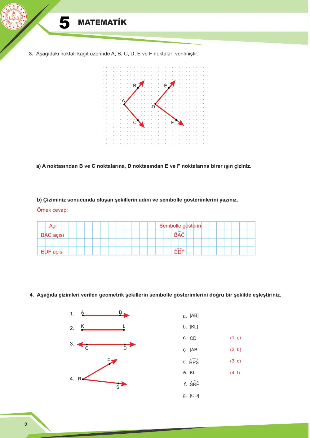 5. Sınıf Matematik Çalışma Kâğıdı: MAT.5.3.1 Temel geometrik çizimler için matematiksel araç ve teknolojiden yararlanabilme cevap anahtarı sayfa 3