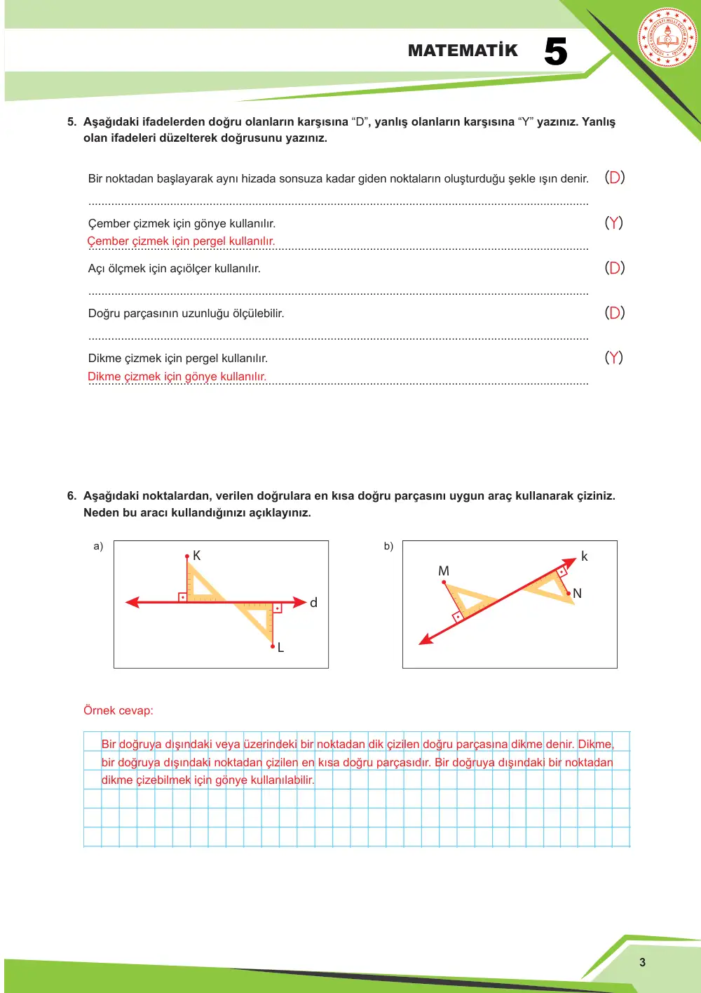 5. Sınıf Matematik Çalışma Kâğıdı: MAT.5.3.1 Temel geometrik çizimler için matematiksel araç ve teknolojiden yararlanabilme cevap anahtarı sayfa 4