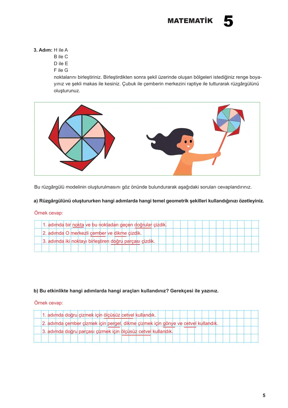 5. Sınıf Matematik Çalışma Kâğıdı: MAT.5.3.1 Temel geometrik çizimler için matematiksel araç ve teknolojiden yararlanabilme cevap anahtarı sayfa 6