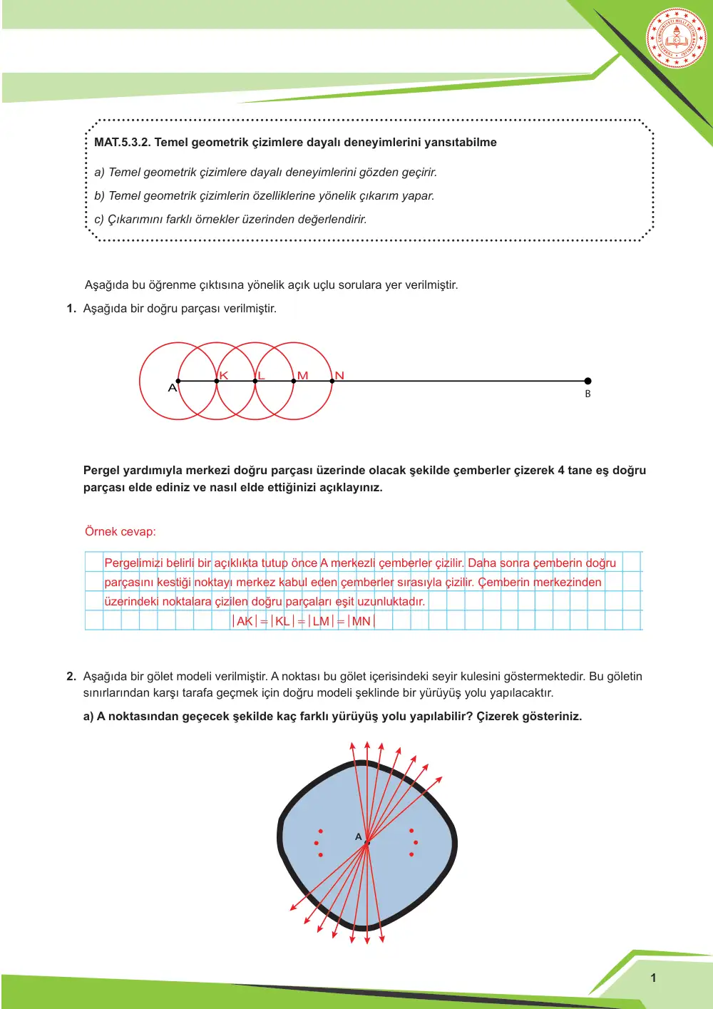 5. Sınıf Matematik Çalışma Kâğıdı: MAT.5.3.2 Temel geometrik çizimlere dayalı deneyimlerini yansıtabilme cevap anahtarı sayfa 2