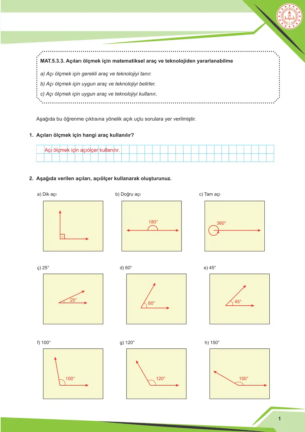 5. Sınıf Matematik Çalışma Kâğıdı: MAT.5.3.3 Açıları ölçmek için matematiksel araç ve teknolojiden yararlanabilme cevap anahtarı sayfa 2