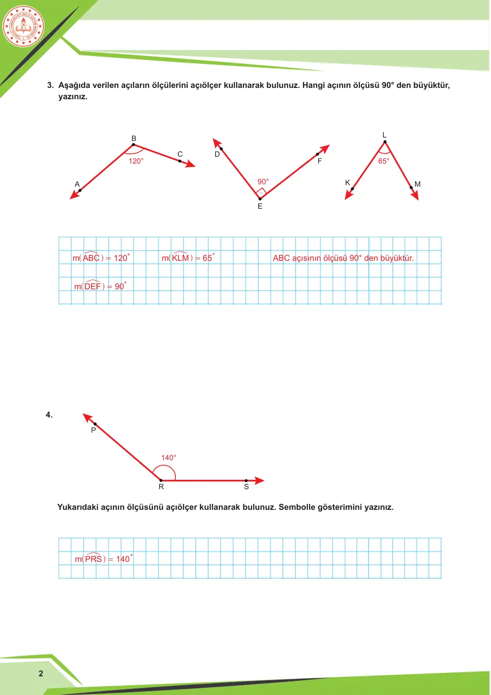 5. Sınıf Matematik Çalışma Kâğıdı: MAT.5.3.3 Açıları ölçmek için matematiksel araç ve teknolojiden yararlanabilme cevap anahtarı sayfa 3