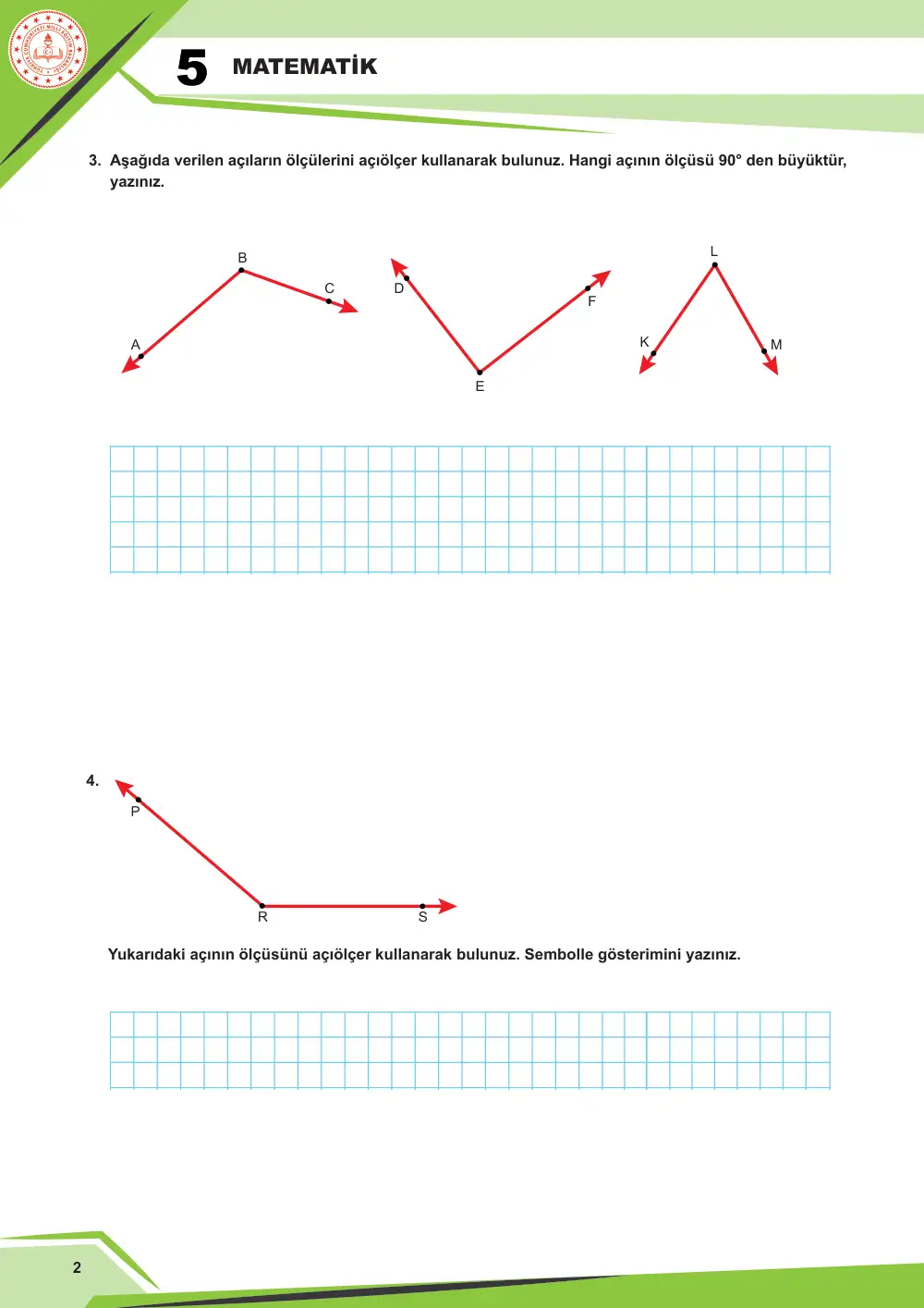5. Sınıf Matematik Çalışma Kâğıdı: MAT.5.3.3 Açıları ölçmek için matematiksel araç ve teknolojiden yararlanabilme sayfa 3