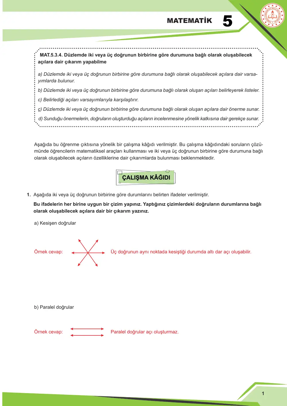 5. Sınıf Matematik Çalışma Kâğıdı: MAT.5.3.4 Düzlemde iki veya üç doğrunun birbirine göre durumuna bağlı olarak oluşabilecek açılara dair çıkarım yapabilme cevap anahtarı sayfa 2