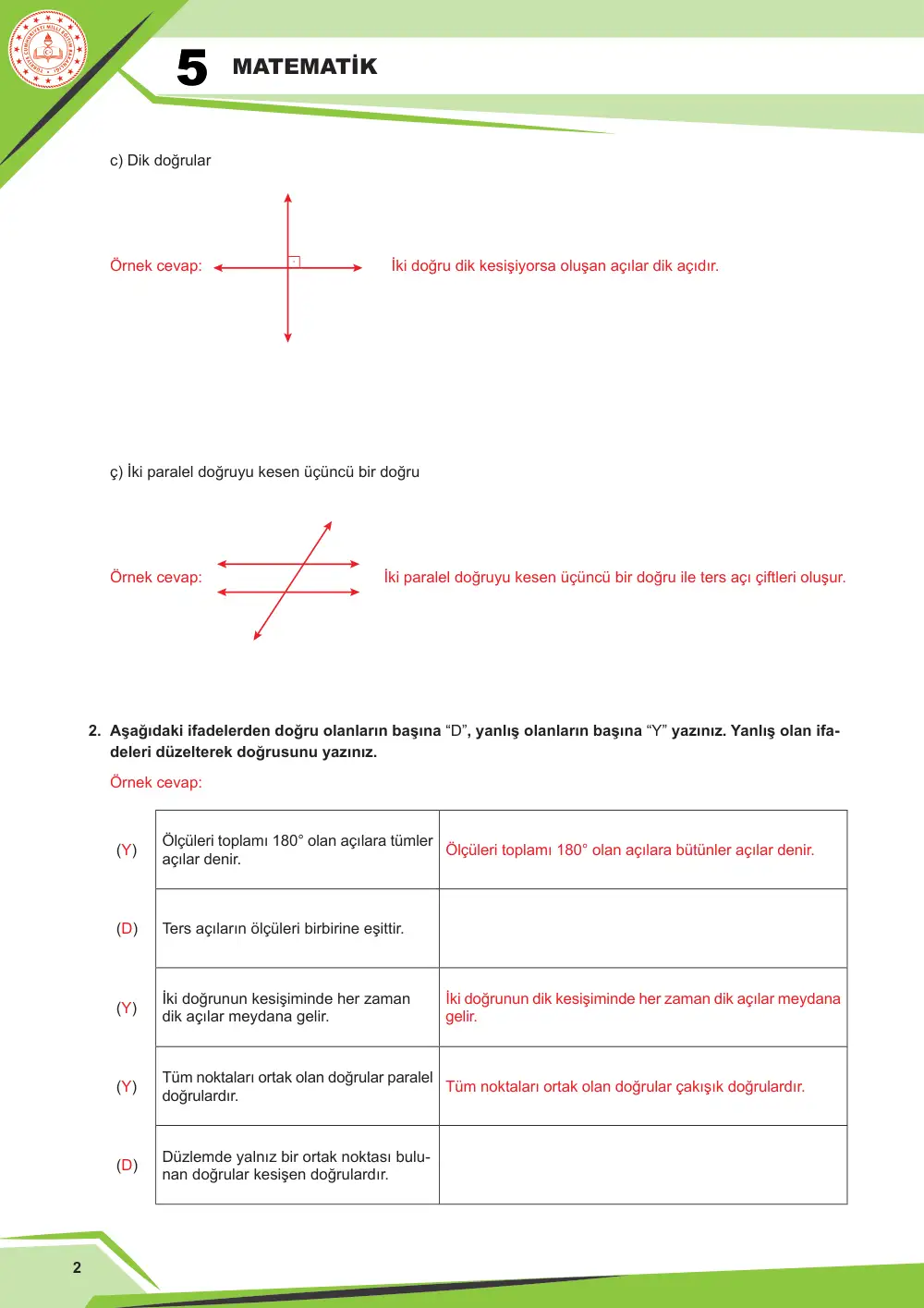 5. Sınıf Matematik Çalışma Kâğıdı: MAT.5.3.4 Düzlemde iki veya üç doğrunun birbirine göre durumuna bağlı olarak oluşabilecek açılara dair çıkarım yapabilme cevap anahtarı sayfa 3