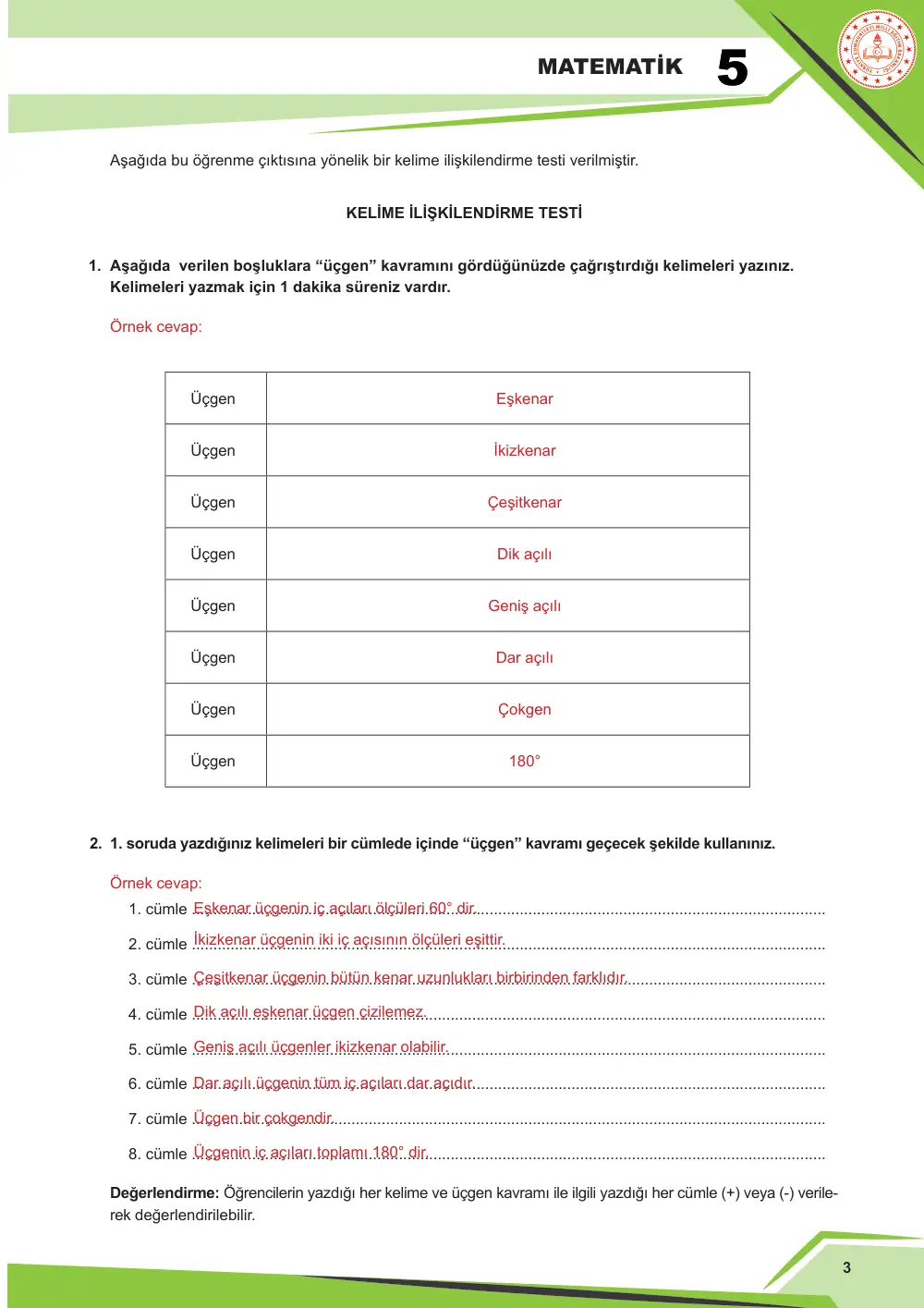 5. Sınıf Matematik Çalışma Kâğıdı: MAT.5.3.6 Çokgenlerin özellikleri ile ilgili edindiği deneyimleri yansıtabilme cevap anahtarı sayfa 3
