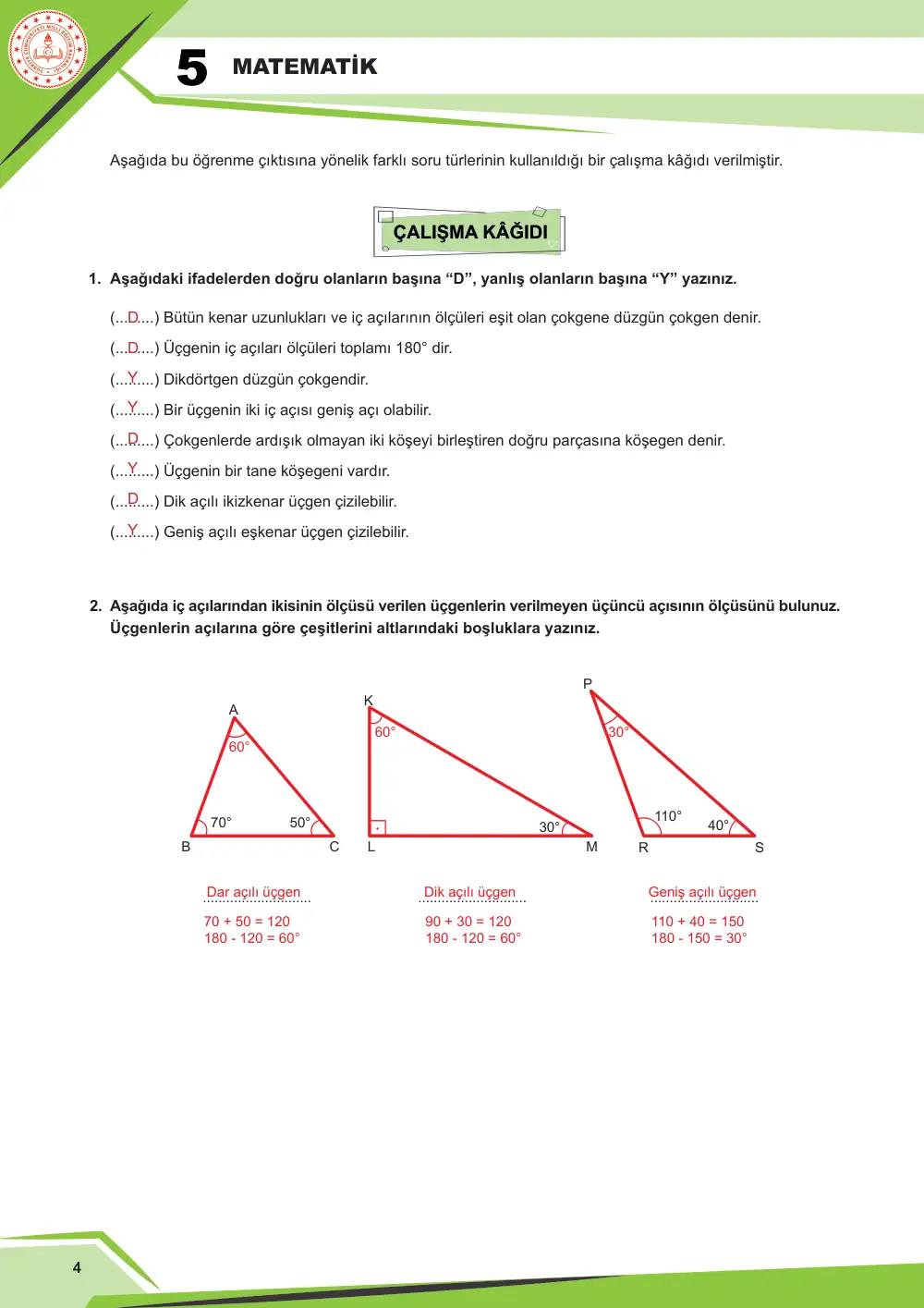 5. Sınıf Matematik Çalışma Kâğıdı: MAT.5.3.6 Çokgenlerin özellikleri ile ilgili edindiği deneyimleri yansıtabilme cevap anahtarı sayfa 4