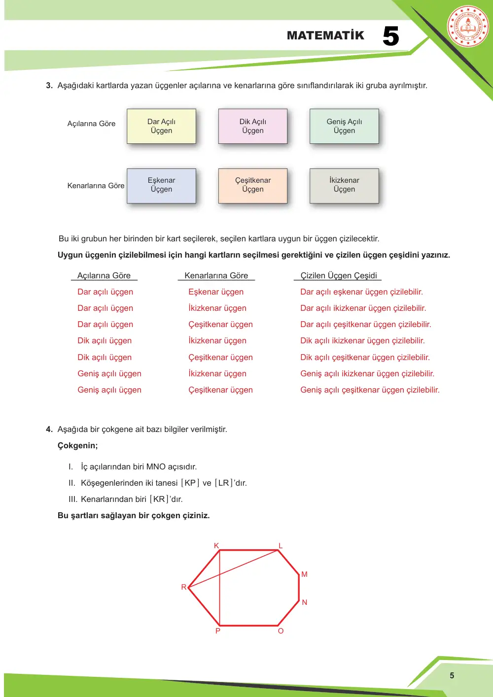 5. Sınıf Matematik Çalışma Kâğıdı: MAT.5.3.6 Çokgenlerin özellikleri ile ilgili edindiği deneyimleri yansıtabilme cevap anahtarı sayfa 5