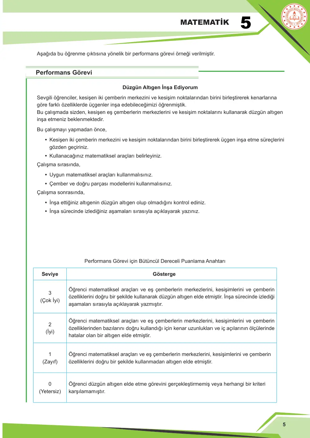 5. Sınıf Matematik Çalışma Kâğıdı: MAT.5.3.7 Matematiksel araç ve teknoloji yardımıyla düzlemde iki noktada kesişen çember çiftinin merkezleri ve kesişim noktalarından biri ile inşa edilen üçgenlerin kenar özelliklerine yönelik muhakeme yapabilme sayfa 5