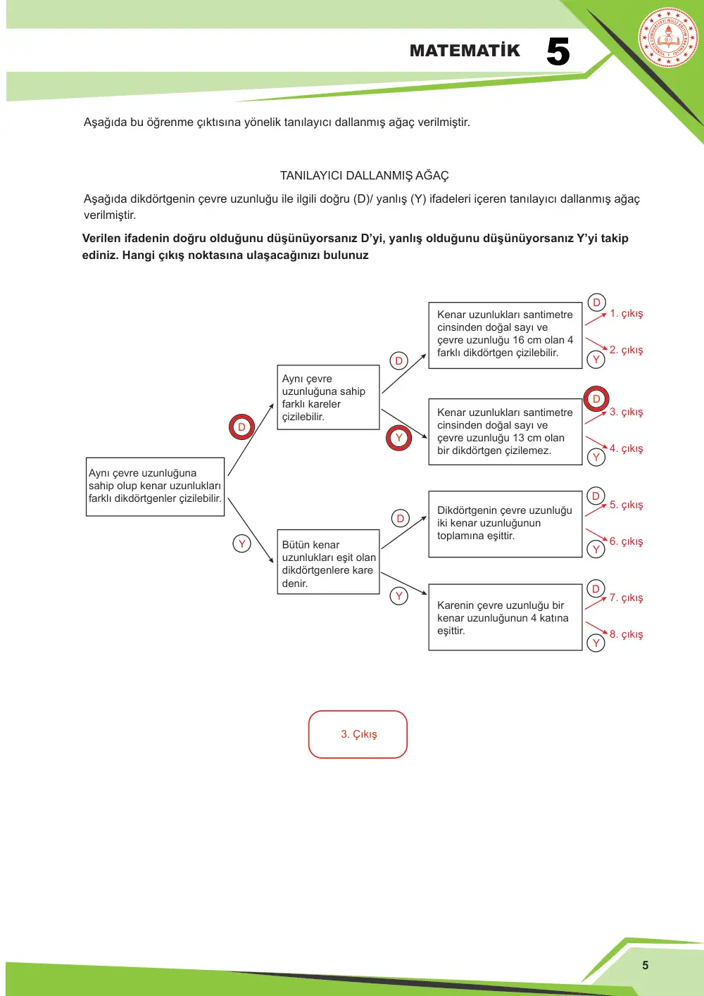 5. Sınıf Matematik Çalışma Kâğıdı: MAT.5.4.1 Kenar uzunlukları doğal sayı olan bir dikdörtgenin çevre uzunluğu verildiğinde kenar uzunluklarını yorumlayabilme cevap anahtarı sayfa 5