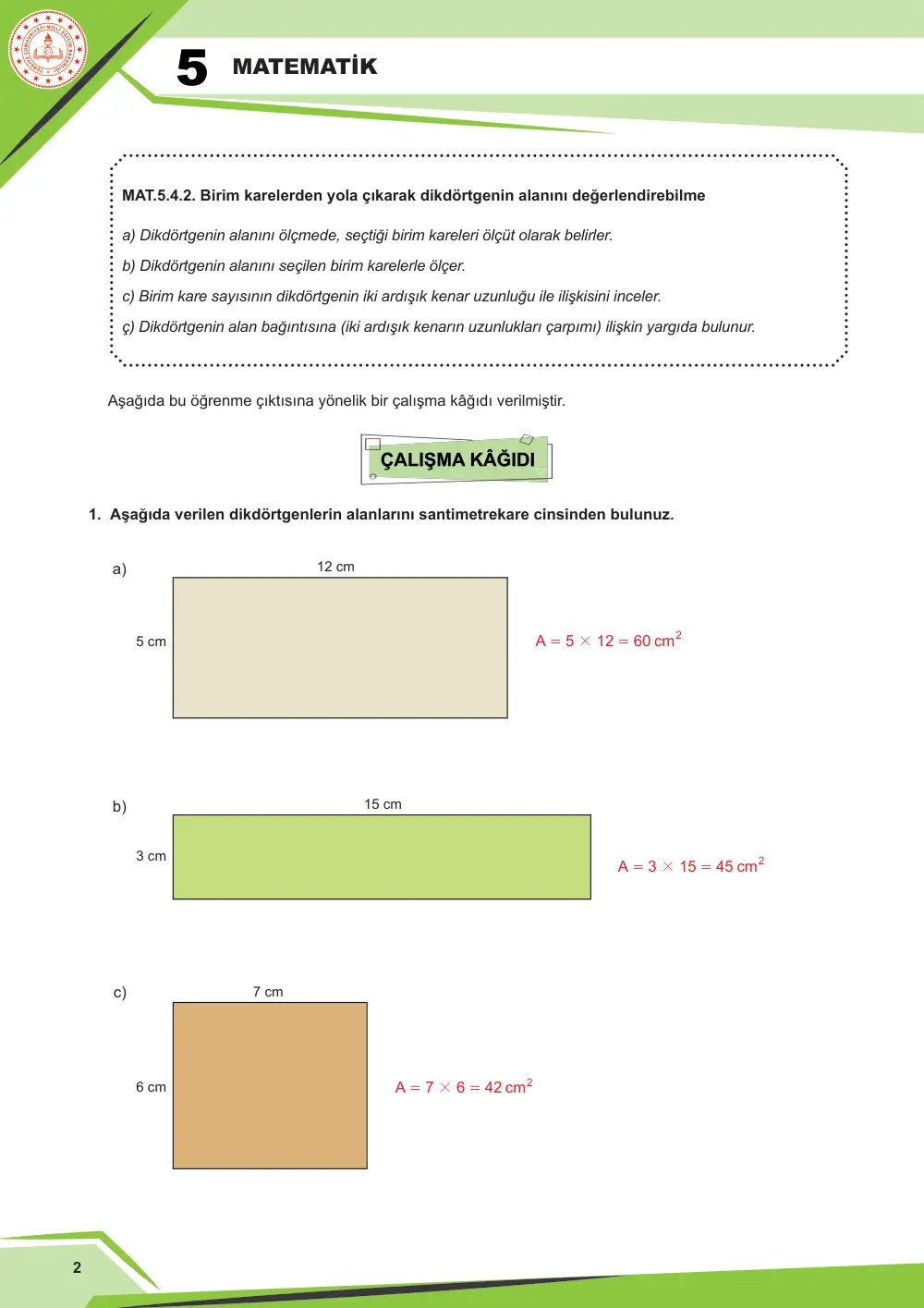 5. Sınıf Matematik Çalışma Kâğıdı: MAT.5.4.2 Birim karelerden yola çıkarak dikdörtgenin alanını değerlendirebilme cevap anahtarı sayfa 2