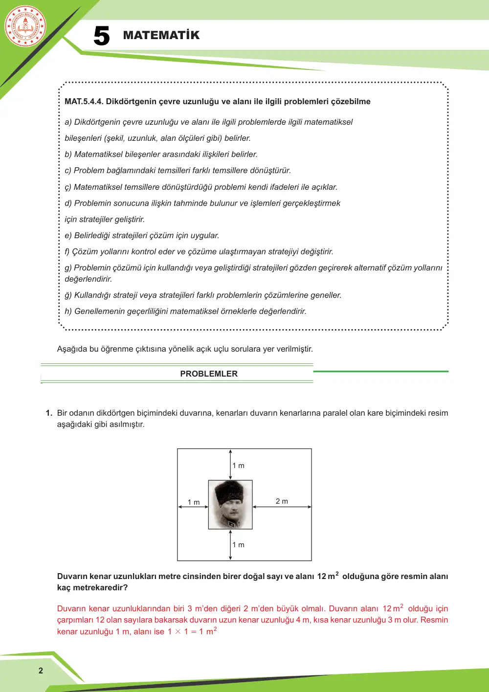 5. Sınıf Matematik Çalışma Kâğıdı: MAT.5.4.4 Dikdörtgenin çevre uzunluğu ve alanı ile ilgili problemleri çözebilme cevap anahtarı sayfa 2