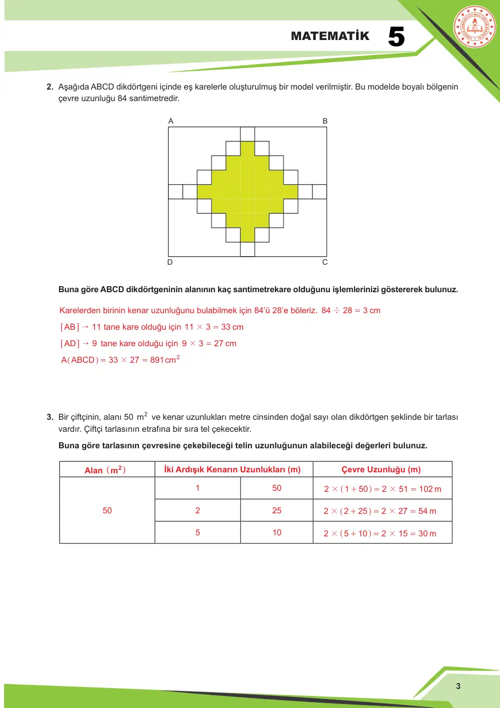 5. Sınıf Matematik Çalışma Kâğıdı: MAT.5.4.4 Dikdörtgenin çevre uzunluğu ve alanı ile ilgili problemleri çözebilme cevap anahtarı sayfa 3