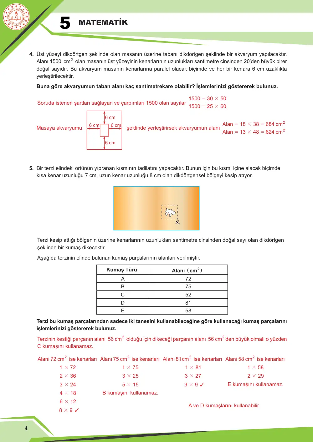 5. Sınıf Matematik Çalışma Kâğıdı: MAT.5.4.4 Dikdörtgenin çevre uzunluğu ve alanı ile ilgili problemleri çözebilme cevap anahtarı sayfa 4