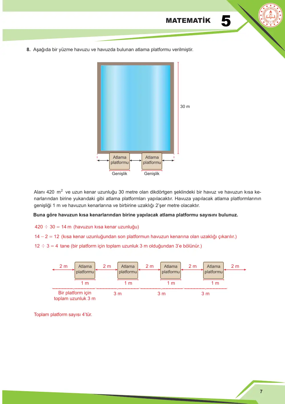 5. Sınıf Matematik Çalışma Kâğıdı: MAT.5.4.4 Dikdörtgenin çevre uzunluğu ve alanı ile ilgili problemleri çözebilme cevap anahtarı sayfa 7