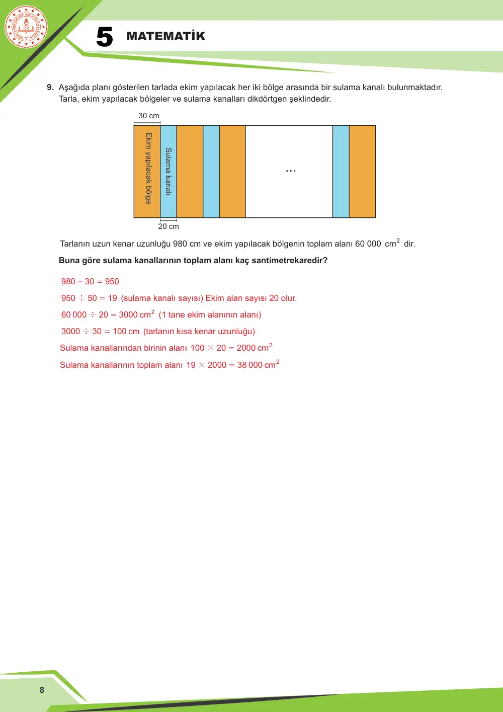 5. Sınıf Matematik Çalışma Kâğıdı: MAT.5.4.4 Dikdörtgenin çevre uzunluğu ve alanı ile ilgili problemleri çözebilme cevap anahtarı sayfa 8