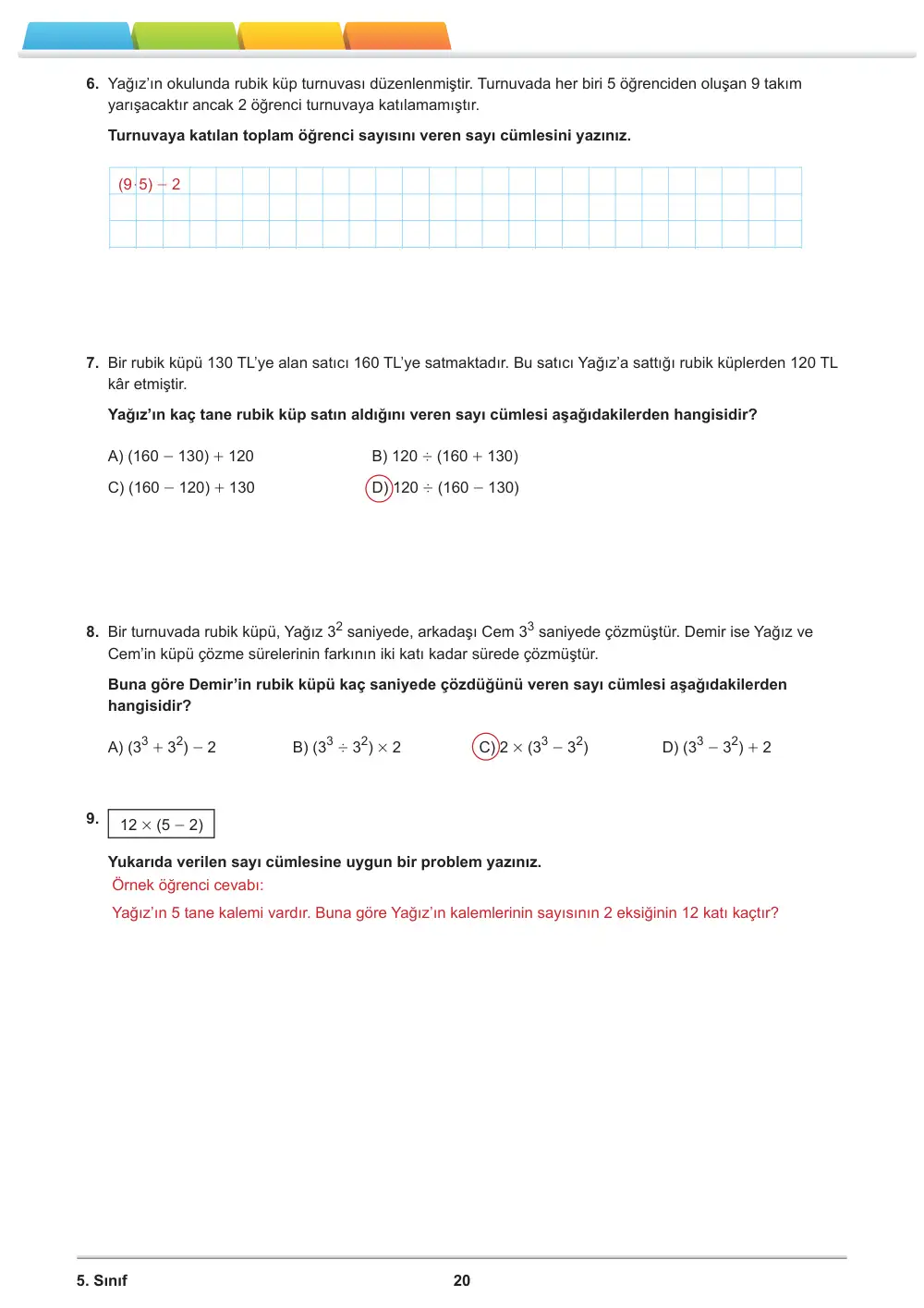 5. Sınıf Matematik Öğrenme Etkinlikleri Seti 2 (2025-2026) cevap anahtarı sayfa 22