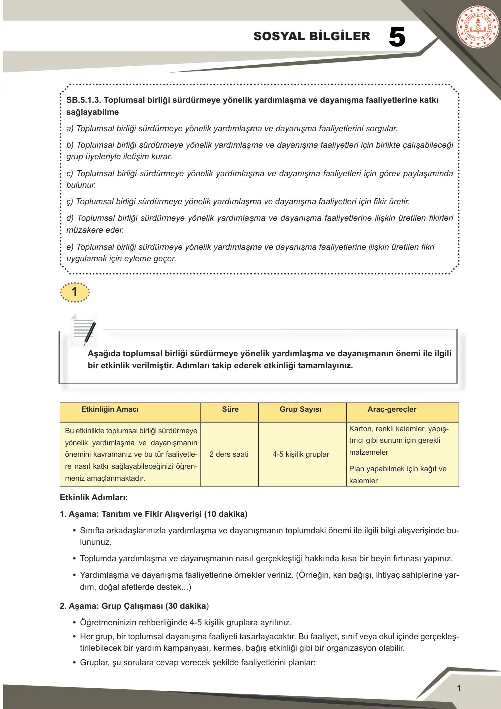 5. Sınıf Sosyal Bilgiler Çalışma Kâğıdı: SB.5.1.3 Toplumsal birliği sürdürmeye yönelik yardımlaşma ve dayanışma faaliyetlerine katkı sağlayabilme cevap anahtarı sayfa 2