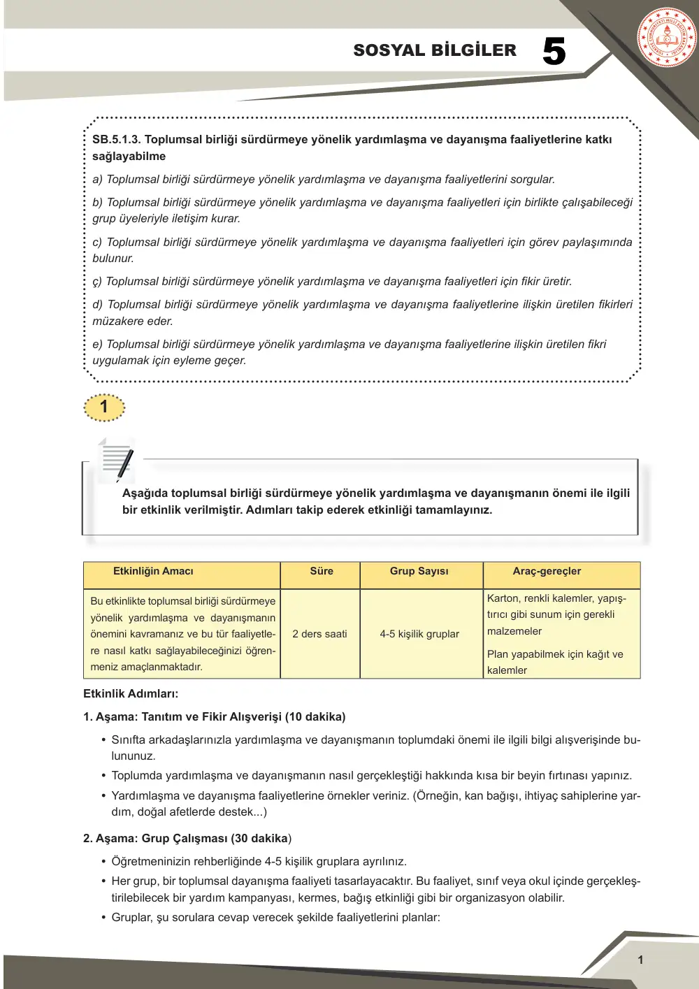 5. Sınıf Sosyal Bilgiler Çalışma Kâğıdı: SB.5.1.3 Toplumsal birliği sürdürmeye yönelik yardımlaşma ve dayanışma faaliyetlerine katkı sağlayabilme