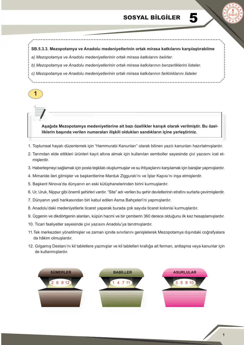 5. Sınıf Sosyal Bilgiler Çalışma Kâğıdı: SB.5.3.3 Mezopotamya ve Anadolu medeniyetlerinin ortak mirasa katkılarını karşılaştırabilme cevap anahtarı sayfa 2