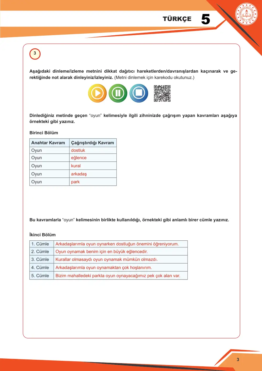 5. Sınıf Türkçe Çalışma Kâğıdı: 1. Tema: Oyun Dünyası – Dinleme/İzleme cevap anahtarı sayfa 4