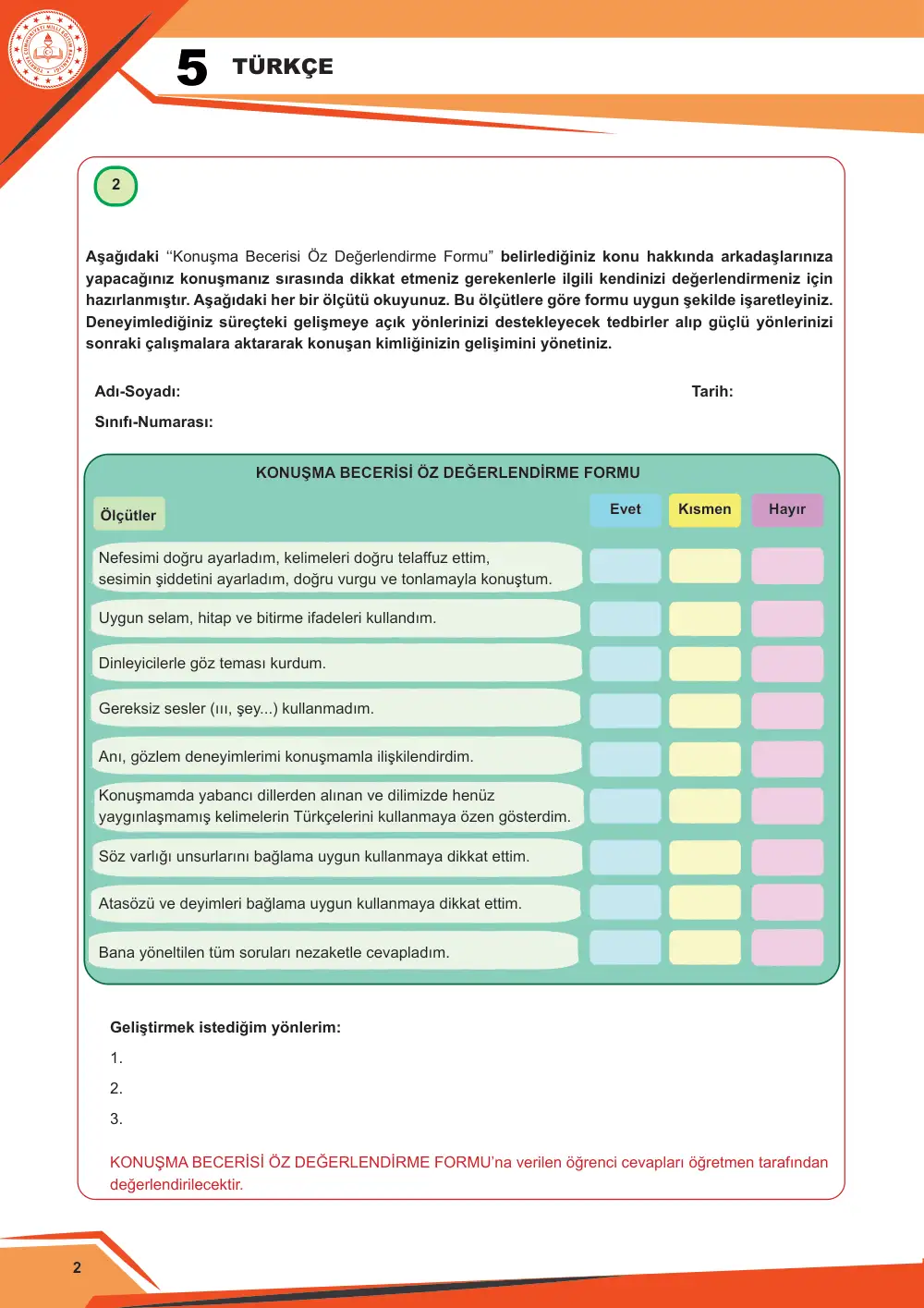 5. Sınıf Türkçe Çalışma Kâğıdı: 1. Tema: Oyun Dünyası – Konuşma cevap anahtarı sayfa 3