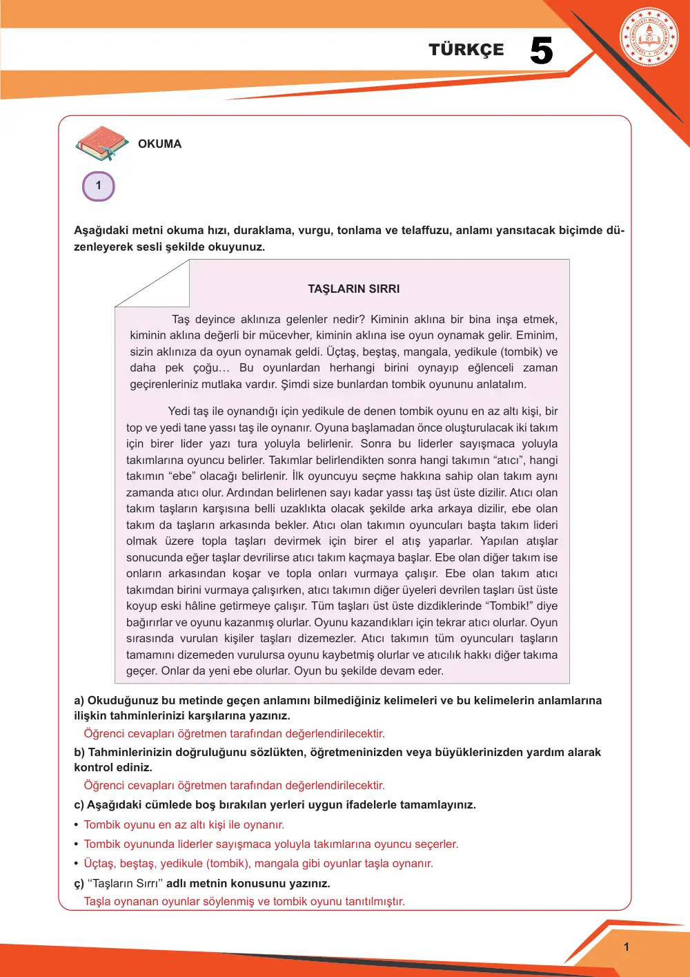 5. Sınıf Türkçe Çalışma Kâğıdı: 1. Tema: Oyun Dünyası – Okuma cevap anahtarı sayfa 2