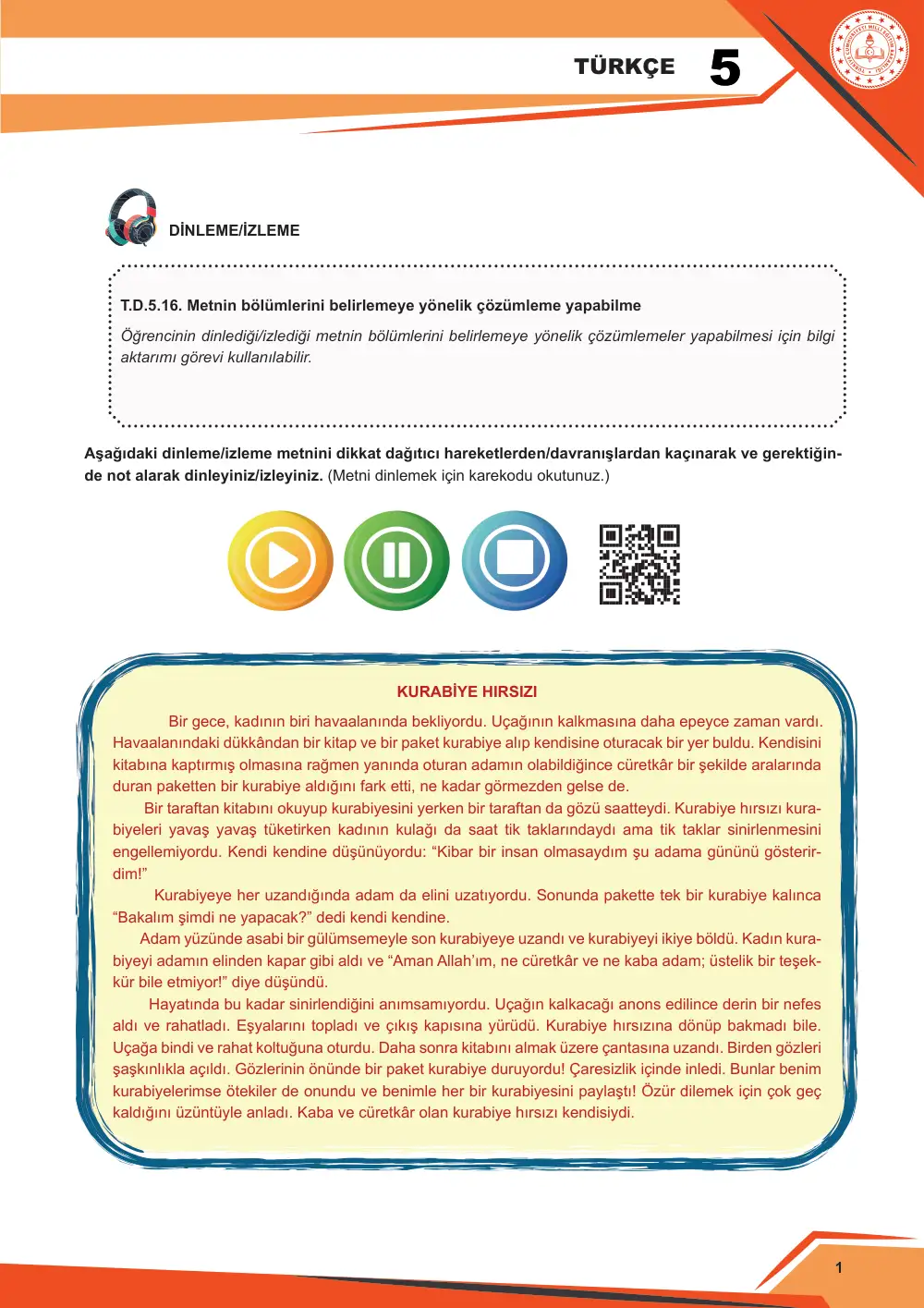 5. Sınıf Türkçe Çalışma Kâğıdı: 3. Tema: Duygularımı Tanıyorum – Dinleme/İzleme cevap anahtarı sayfa 2