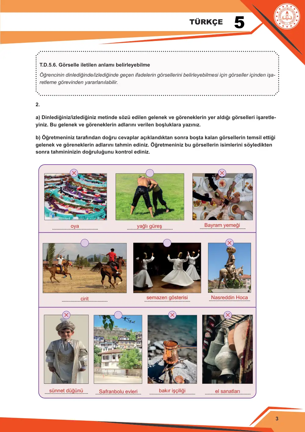 5. Sınıf Türkçe Çalışma Kâğıdı: 4. Tema: Geleneklerimiz – Dinleme/İzleme cevap anahtarı sayfa 4