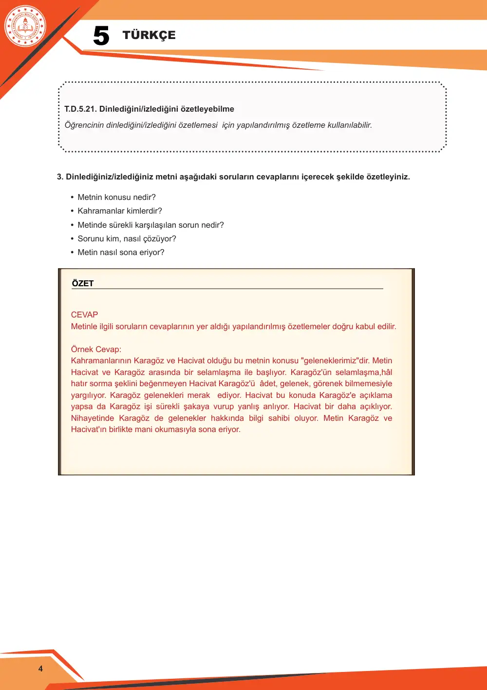 5. Sınıf Türkçe Çalışma Kâğıdı: 4. Tema: Geleneklerimiz – Dinleme/İzleme cevap anahtarı sayfa 5