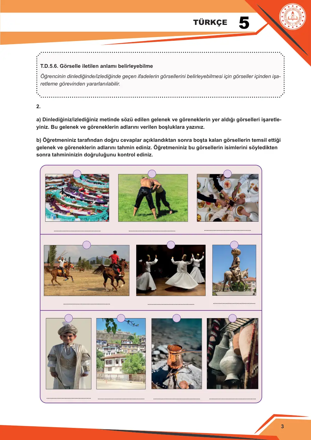 5. Sınıf Türkçe Çalışma Kâğıdı: 4. Tema: Geleneklerimiz – Dinleme/İzleme sayfa 4