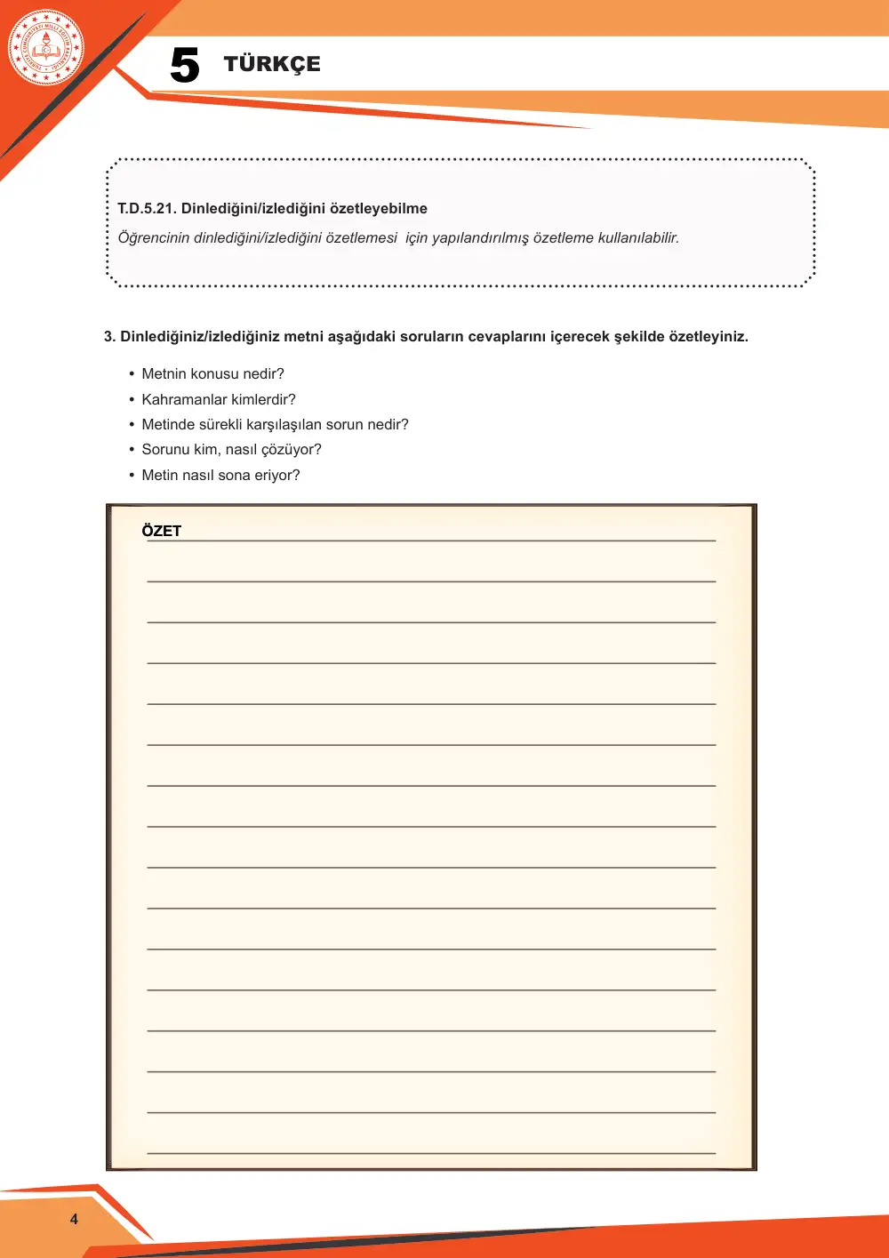 5. Sınıf Türkçe Çalışma Kâğıdı: 4. Tema: Geleneklerimiz – Dinleme/İzleme sayfa 5