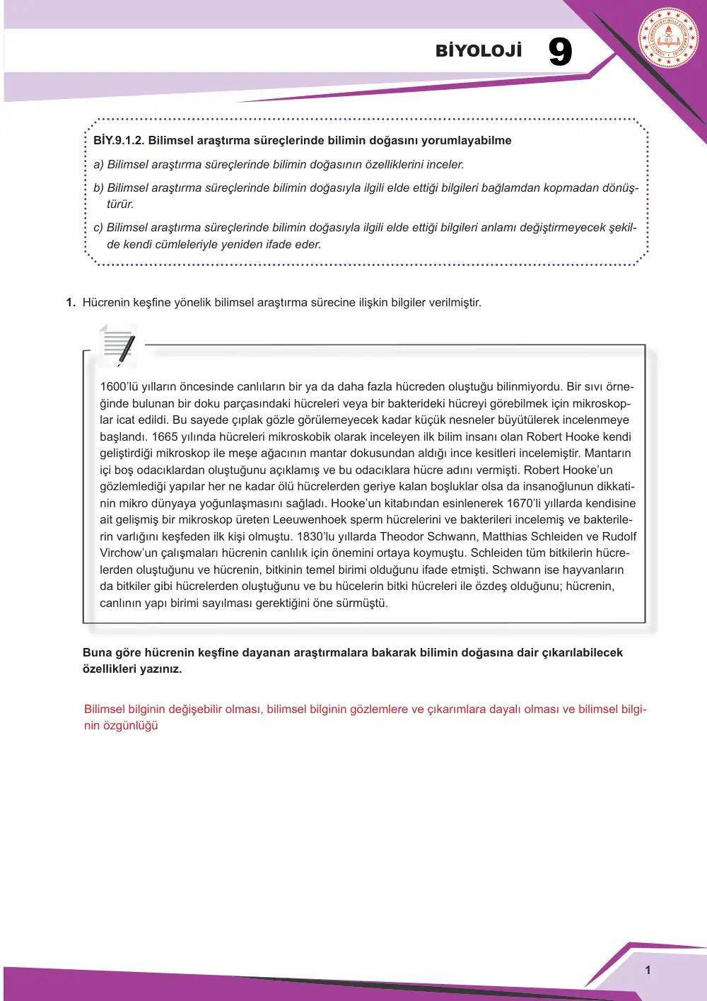 9. Sınıf Biyoloji Çalışma Kâğıdı: BİY.9.1.2 Bilimsel araştırma süreçlerinde bilimin doğasını yorumlayabilme cevap anahtarı sayfa 2